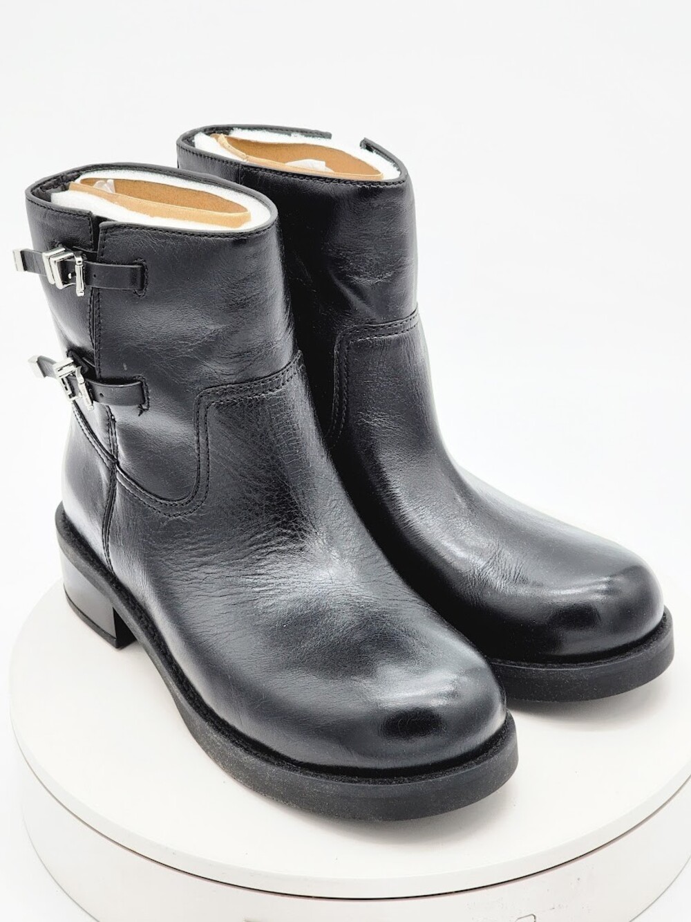 Michael Kors Women’s 8.5 Black Leather Moto Biker Boots Double Buckle Ankle